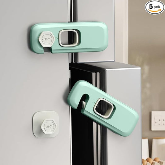 5 Pack Child Proof Refrigerator Lock, QYESWHSR Fridge Locks for Kids with Sticky Adhesive Pads, Child Safety Locks for Doors, RV Refrigerator, Oven Lock Child Safety Baby Cabinet Locks - Green Updated