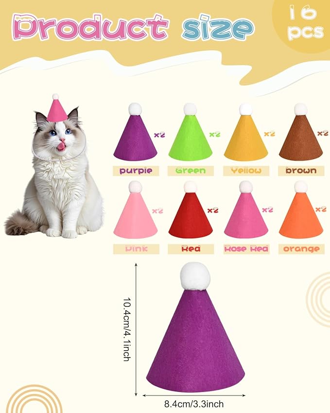 16Pcs Mini Birthday Party Hats for Stuffed Animals, Felt Small Party Hats, Reusable Party Animal Decorations,Cat Birthday Hat