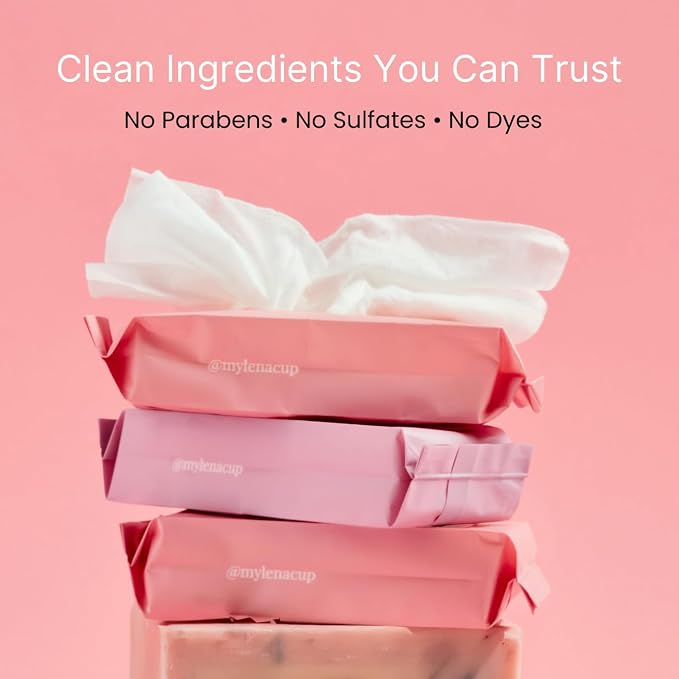 Lena Period Wipes for Teen Girls and Women - pH Balanced for Menstrual Cup and Feminine Hygiene, Flushable & Disposable Mini Compact Wipes, Clear, Non-Toxic Fragrance Free, Unscented Disc Cleaner