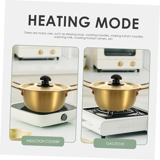 Zerodeko 1set Stainless Steel Double-handle Instant Noodle Pot for Soup and Ramen Korean Style Cooking Utensil Lid for Home Office and Camping Use
