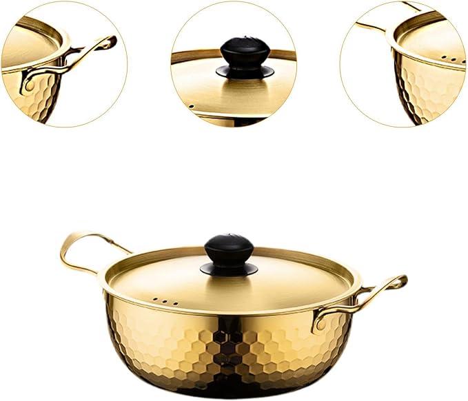 Korea Ramen Pot Stockpot Practical Stainless Steel with Lid Soup Pot Saucepan for Backyard Parties Hiking Picnic Pasta Curry, 18cm Gold