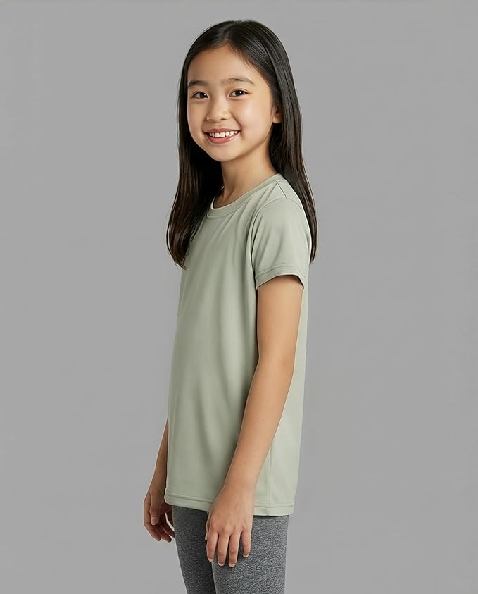 Real Essentials 5 Pack: Girls' Short Sleeve Dry-Fit Athletic T-Shirt - Active Gym Crew Neck Tops for Teens Kids (Ages 4-16)