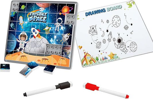 Anzikfoy 48 Piece Toy Building Jigsaw Puzzle Sets, 2 in 1 Space Theme Boys Girls Puzzles Building Block with Reusable Drawing Board Set for Toddlers Ages 1-3 and Kids 3+ Year Old