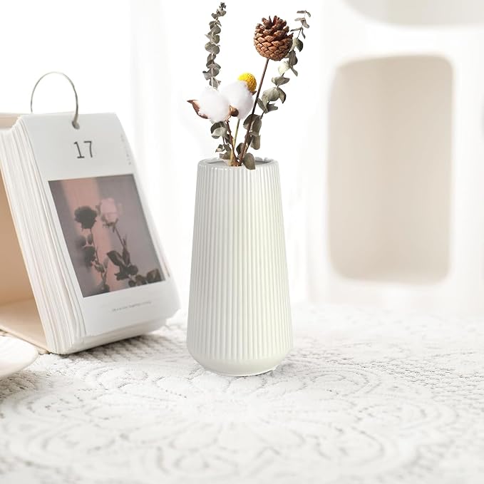 White Ceramic Vase for Flowers, Tall Home Decor Vase with Ribbed Texture, Vases for Centerpieces, Farmhouse Decor, Living Room, Decor Bedroom, Table, and Kitchen Shelf (XL White)