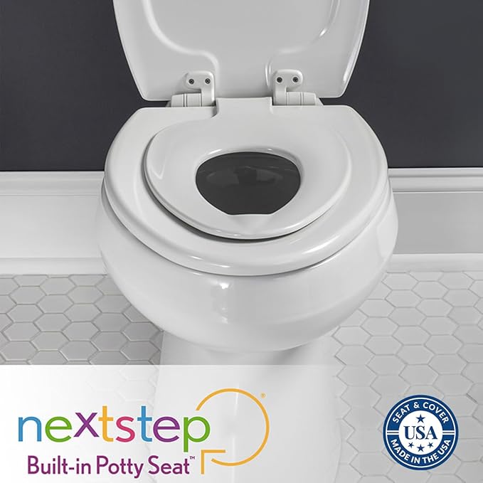 Mayfair NextStep2 Toilet Seat with Built-In Toddler Potty Training Seat, Slow Close, Easy Clean, Magnetic Removable Kids Seat, ELONGATED, Bone