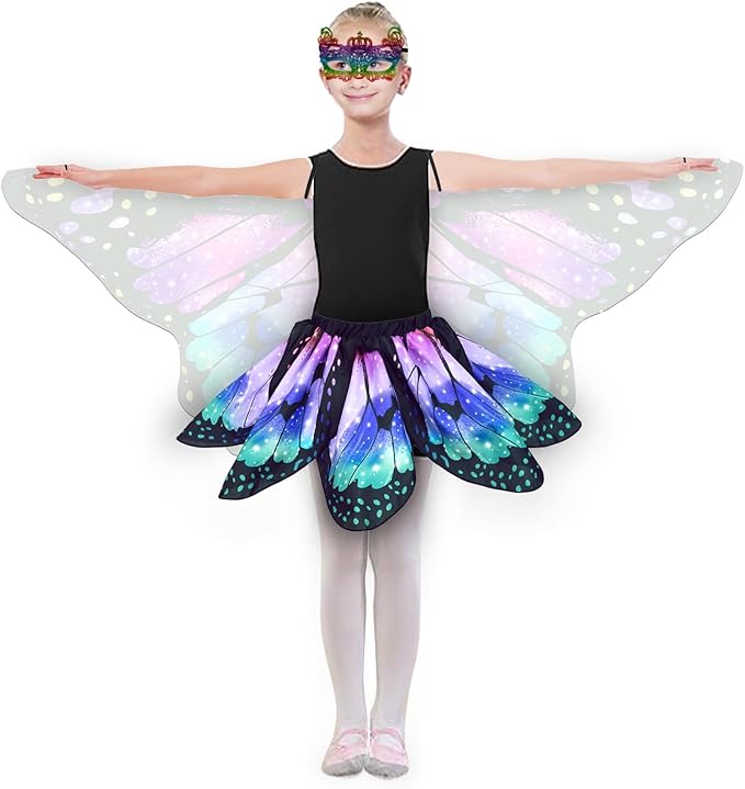 Kids Butterfly Wings Costume for Girls Fairy-Wings Toddler Dress Up Play Costumes Butterfly Skirt Set Mask Party Favors Gifts（Purple & Green+skirt sets）
