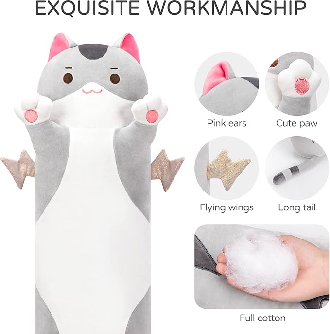 20” Long Cat Plush 5 Sizes, 120% Extra Filling Giant Plushness Kids Body Pillow, Kawaii Cute Grey Cat Stuffed Animals Plushies, Big Long Body Pillow Cat Plush Gift for Girls 20”