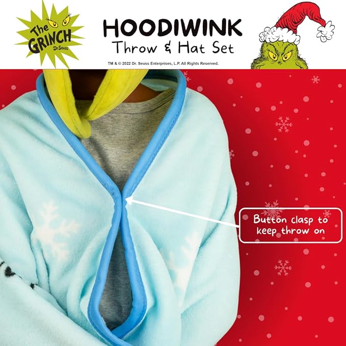 Dr. Seuss The Grinch Costume Holiday and Christmas Kids Super Soft Hooded Throw with Detachable Hat, 50"(L) X 60" (W), (Official Licensed Product) By Franco