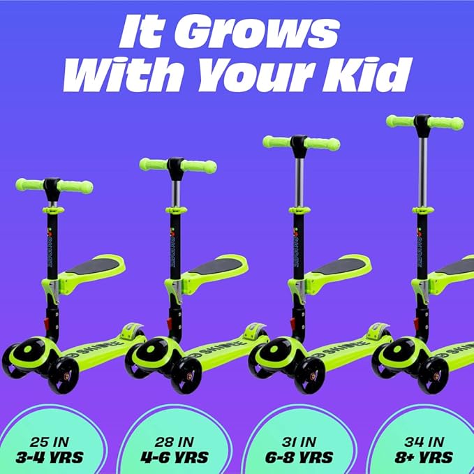 SKIDEE Kick Scooter for Kids Foldable 3 Wheel Scooter with Lean-to-Steer, Adjustable Height, Removable Seat & LED Light Wheels | Toddler Scooter Up to 12 Year Old Boys/Girls