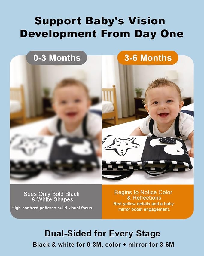 Aila+Aiden Black and White Baby Toys, Tummy Time High Contrast Newborn Toys 0-3 Months, Soft Baby Book, Visual Stimulation Montessori Sensory Infant Toys 0-6-12 Months, Shower Gift for Boys Girls