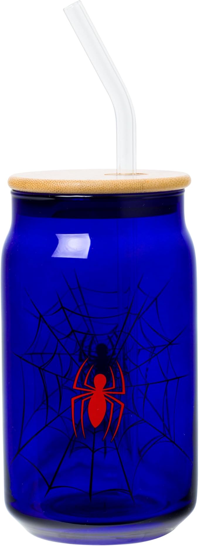 Silver Buffalo Marvel Spider-Man Spidey Spider Web Logo Glass Jar Tumbler with Bamboo Lid and Glass Straw, 16 Ounces