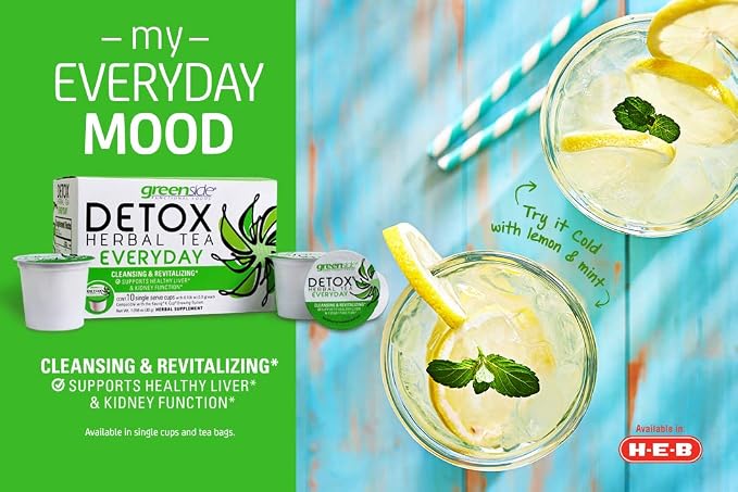greenside Detox Herbal Tea Single Serve Cups for Everyday - Cleansing and Revitalizing Body Supplements - 10 Cups (3-gram Serving/Cup)