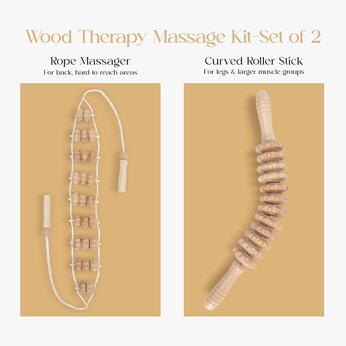Wood Therapy Massage Tools, Lymphatic Drainage Curved Roller Stick, Neck Massager, Foam Roller, Back Scratcher, Rope Massage Kit, Back Massager for Relaxation