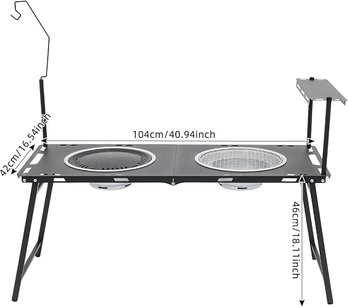 Portable Charcoal Grill Table, Folding Korean BBQ Camping Station with Dual Grill Racks, Frying Pan, Side Shelf & Lantern Stand, High-Carbon Steel for Outdoor Picnic, Barbecue & Travel