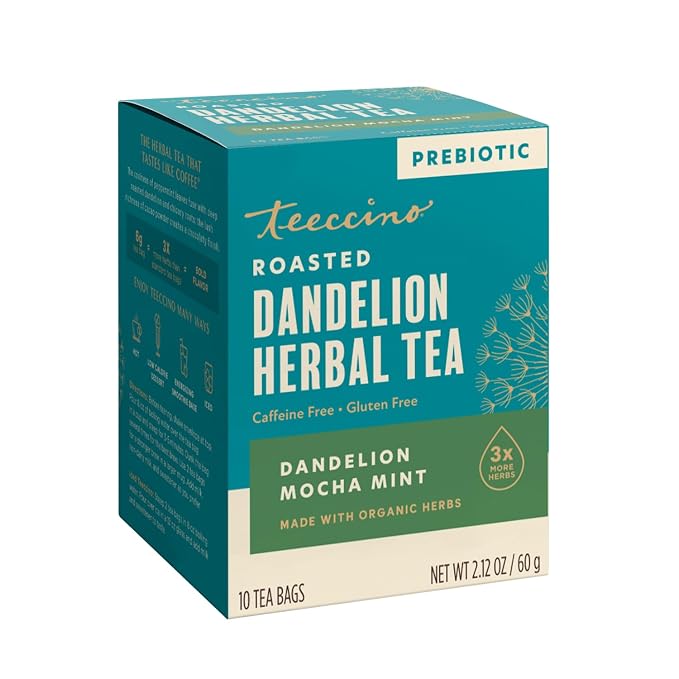 Teeccino Dandelion Root Tea - Mocha Mint - Caffeine Free, Roasted Herbal Tea with Prebiotics, 3x More Herbs than Regular Tea Bags, Gluten Free - 10 Tea Bags (Pack of 4)