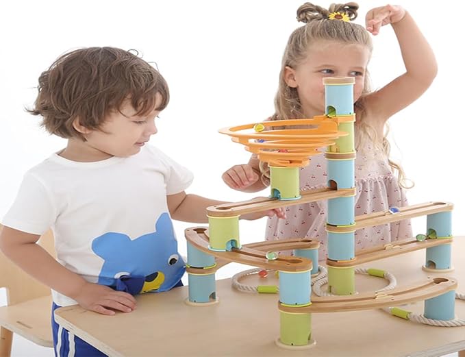 Marble Run Building Toys for Kids, 98 Pcs Bamboo Marble Race Track with Glass Marbles, Building Blocks and STEM Toys for Boys and Girls for Kids 4-6