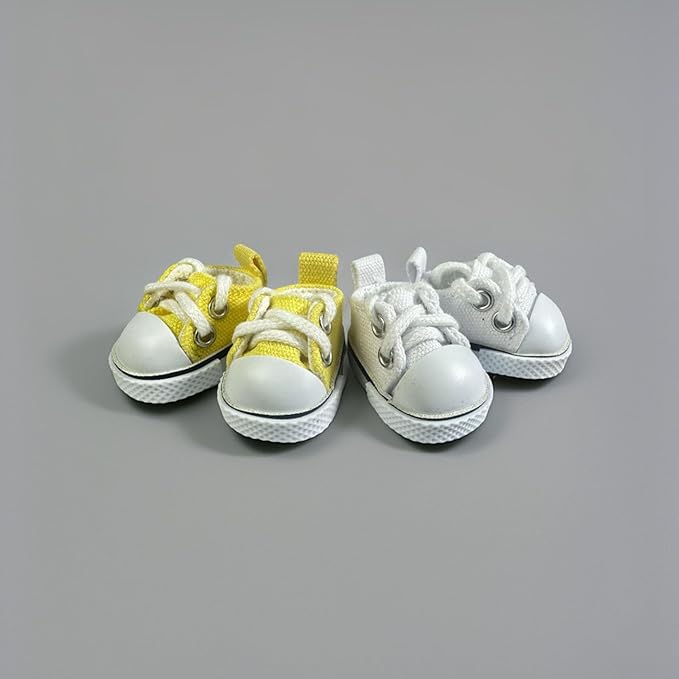 2 Pairs 17cm Doll Shoes, Lace-Up Canvas Sneakers Mini Shoes for 17cm Dolls, Fingerboard Shoes, Mini Finger Shoes, Clothing Accessory for 6.7in Dolls (White & Yellow)