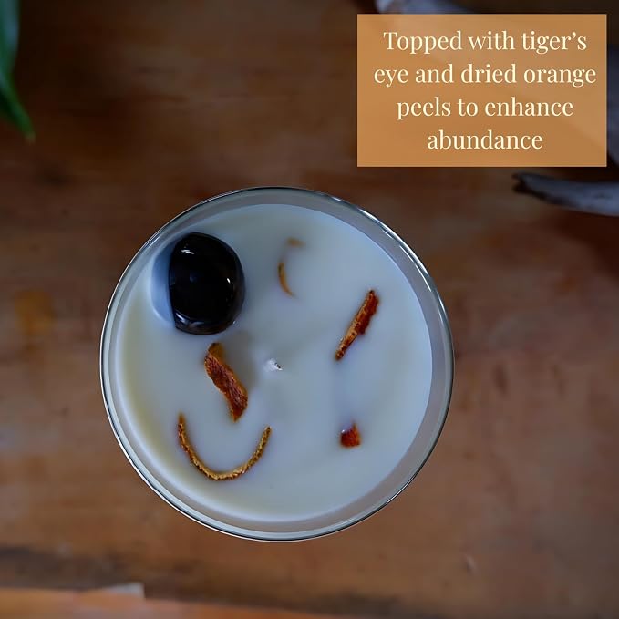 Candlestock Abundance Soy Wax Candle, Sweet Orange & Cassia Essential Oils, Tiger's Eye & Orang Peel Topped, Handmade in NY