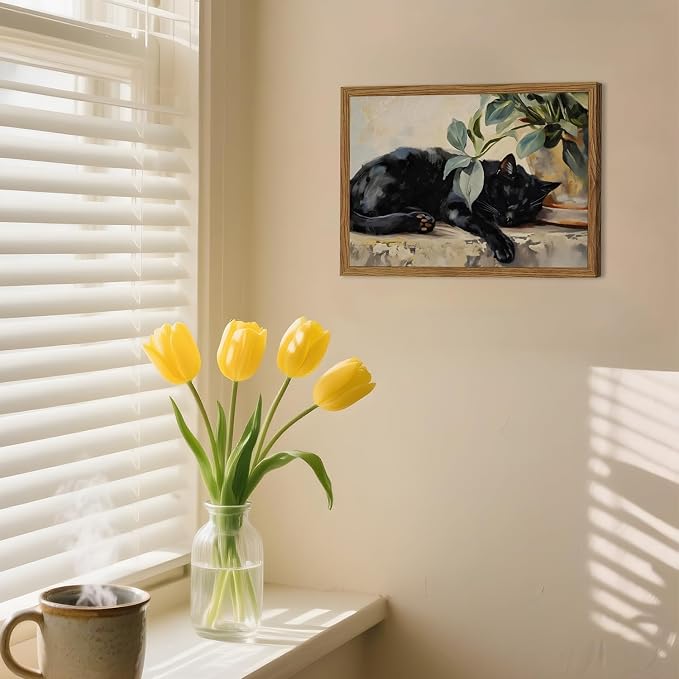 Framed Black Cat Canvas Wall Art, Vintage Sleeping Cat with Plant Picture Wall Decor Paintings, Cute Animal Poster Prints Rustic Aesthetic Home Decor for Living room Bedroom Bathroom 16x24 inch