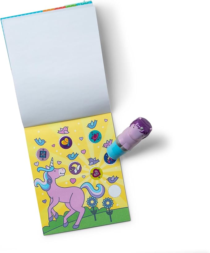 Melissa & Doug Sticker Wow!™ 24-Page Activity Pad and Sticker Stamper, 300 Stickers, Arts and Crafts Fidget Toy Collectible Character – Purple Unicorn - for Kids Ages 3+ - FSC Certified