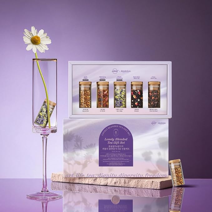 KKOKDAM Lovely Blending Tea Gift Set – Premium 5-Flavor Tea Sampler (3 Herbal & 2 Black Tea Blends) – Loose Leaf Tea Variety Pack in Glass Jars – Unique Korean Gift Box for Women, Mom & Tea Lovers