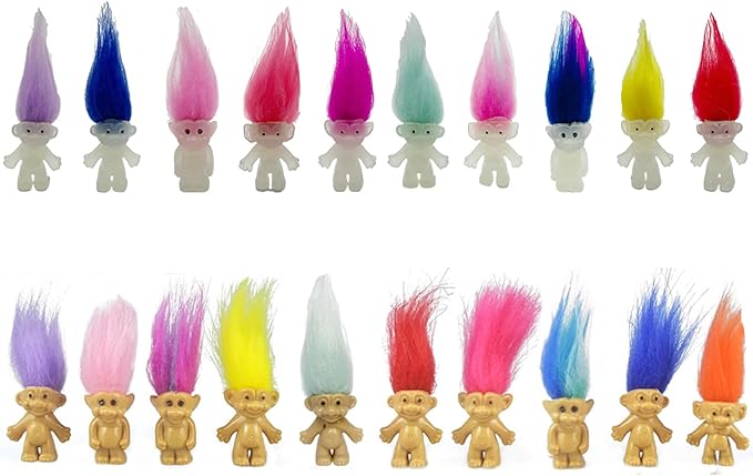 20pcs Luminous Mini Troll Dolls Glow in The Dark Vintage Action Figures Troll Dolls 1.2" Bodies, 2.3" Hair. Cake Toppers School Project, Arts and Crafts (20pcs)