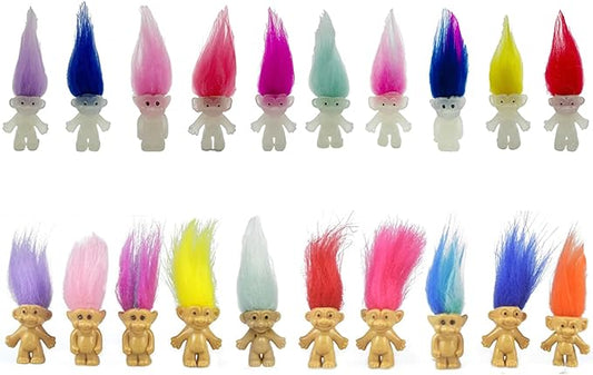 20pcs Luminous Mini Troll Dolls Glow in The Dark Vintage Action Figures Troll Dolls 1.2" Bodies, 2.3" Hair. Cake Toppers School Project, Arts and Crafts (20pcs)