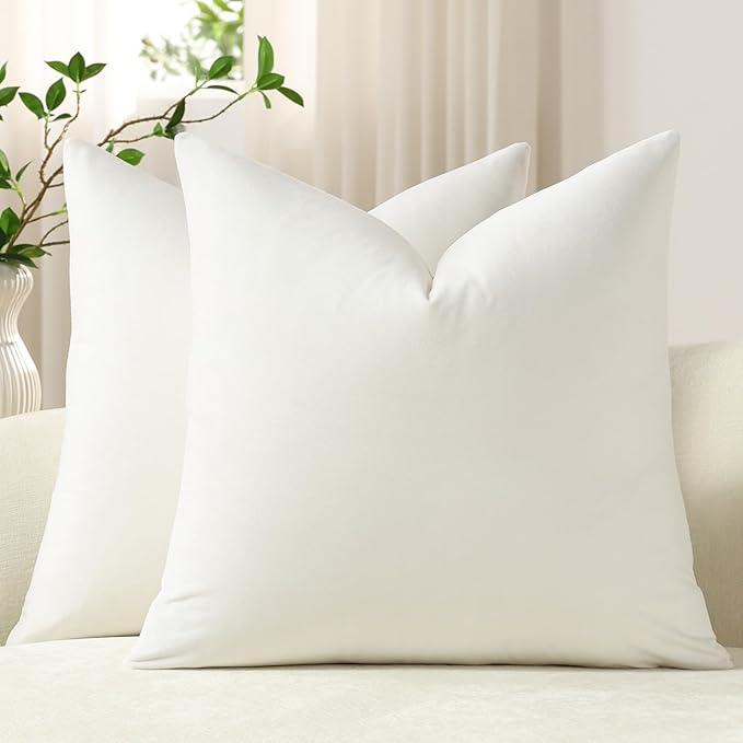 Euro Sham Covers 24x24 Ivory White: Pack of 2 Cozy Soft Velvet Square Modern Luxury Decorative Throw Pillow Cases for Sofa Couch Living Room Bed Home Decor