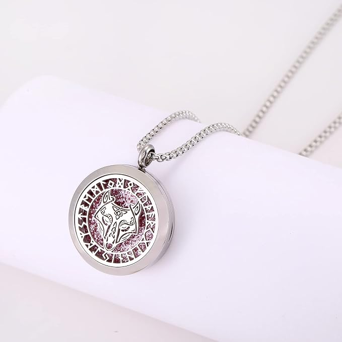 Cool Wolf Norse Aromatherapy Essential Oil Diffuser Necklace Viking Runes Amulet Stainless Steel Locket Pendant