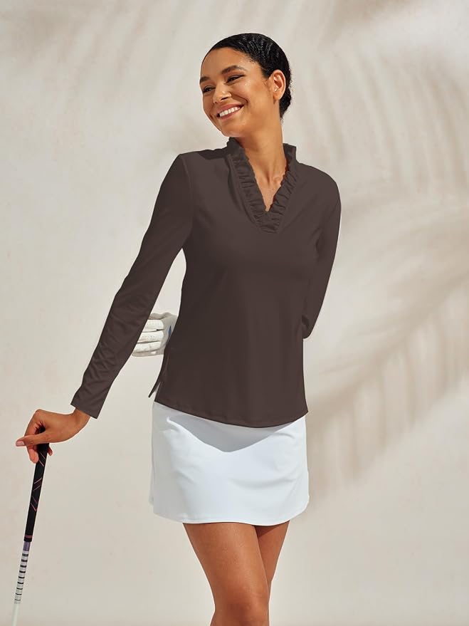 ACEGOLFS Womens Golf Polo Shirts Casual Ruffle V Neck Long Sleeve Tops for Women UPF 50+ Rash Guard Ladies Pullover Shirt