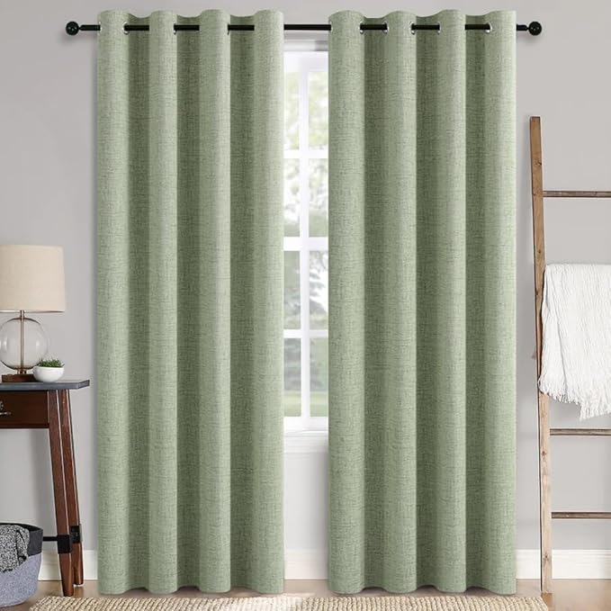 MIULEE Linen Texture Curtains for Bedroom Solid 100% Blackout Thermal Insulated Sage Green Curtains Grommet Room Darkening Drapes for Living Room 52x96 Inch (2 Panels)