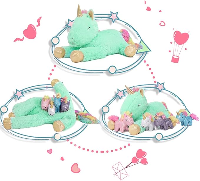 Tezituor 24 Inches Green Unicorn Plush Toy Set for Girls,4 Colorful Unicorns in Mommy Unicorn’s Belly,Unique Stuffed Unicorns Gifts for Children.