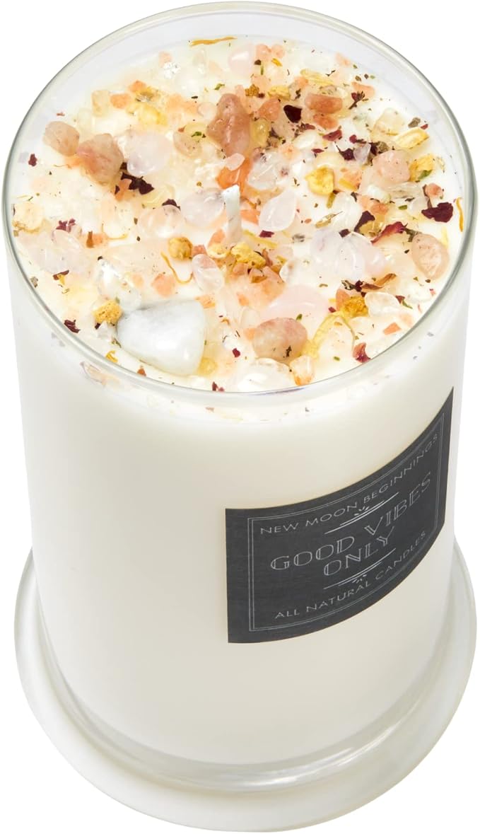 Good Vibes Only Candle by New Moon Beginnings - Negative Energy Cleansing - Soy Aromatherapy Candle - Handmade with Crystals & Herbs (21oz Round Glass)