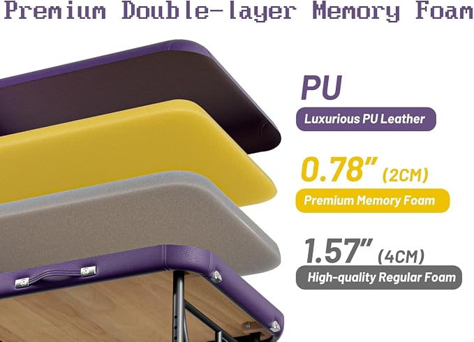 Professional Massage Table Portable 2 Fold Premium Memory Foam Aluminium Leg Hold Up to 1100LBS 8 Heights Adjustable with Carrying Bag Violet