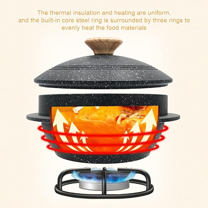 Cast Aluminum Pot with Lid, 63 oz Non-Stick Casserole Dish Korean Stone Bowl Induction Compatible, 1875 ml - Black