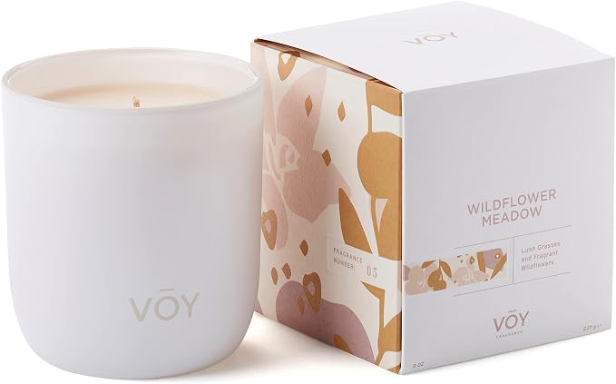 VOY Scented Candle, Fragrant Floral Wildflower Meadow Scent, 55 Hour Burn Time, Premium Blended Soy Candle, High-Fragrance Load, 8 oz Jar Candle, Aromatherapy Candle with Sustainable Gift Packaging