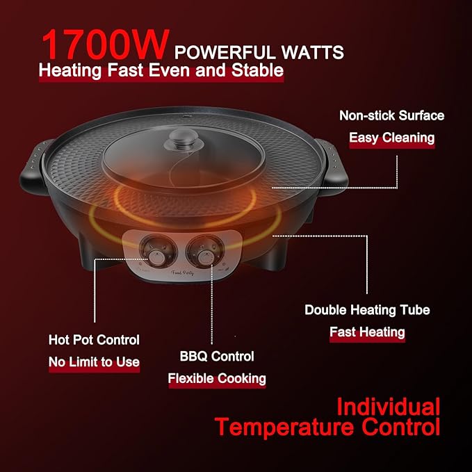 Food Party Hot Pot with Grill 2 in 1 Electric Smokeless Grill and Hotpot Pot Combo Korean BBQ Grill 110V 1700W