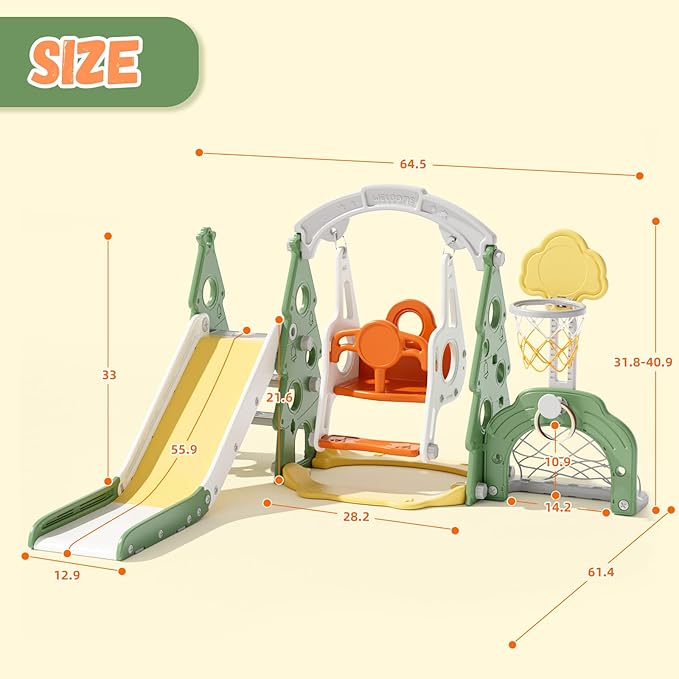 XJD 6-in-1 Toddler Slide and Swing Set, Kids Slide for Toddlers Age 1+, Toddler Outdoor Playset with Basketball Hoop, Football Frame, Swing, Christmas Birthday Gifts for Kids (Green)