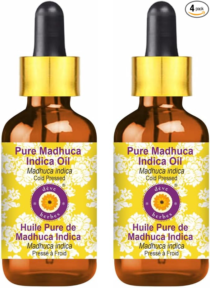 Deve Herbes Pure Madhuca Indica Oil (Madhuca Indica) with Glass Dropper Cold Pressed (Pack of Two) 100ml X 2 (6.76 oz)