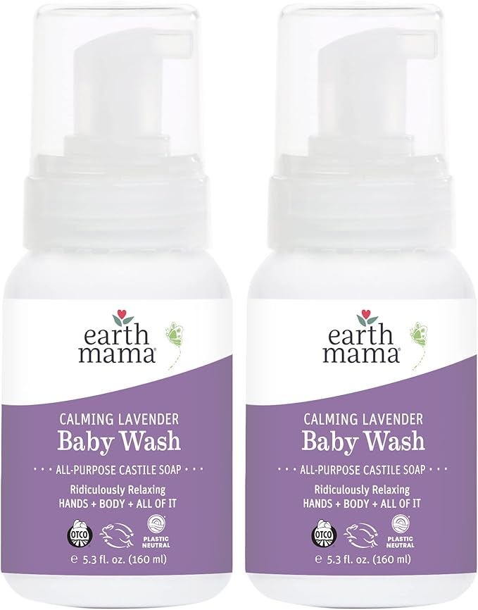 Earth Mama Calming Lavender Baby Wash Liquid Foaming Hand Soap, Organic All-Purpose Lavender Body Wash for Sensitive Skin, Castile Soap with Coconut Oil, Shea Butter, Calendula, & Aloe, 5.3Fl Oz (2PK)