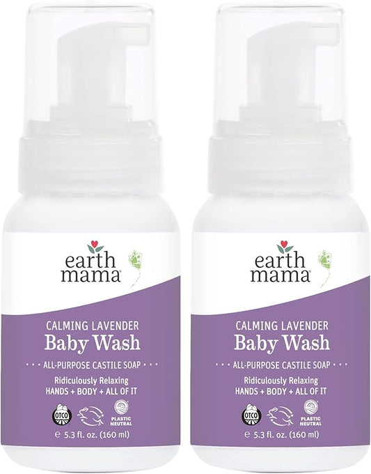 Earth Mama Calming Lavender Baby Wash Liquid Foaming Hand Soap, Organic All-Purpose Lavender Body Wash for Sensitive Skin, Castile Soap with Coconut Oil, Shea Butter, Calendula, & Aloe, 5.3Fl Oz (2PK)