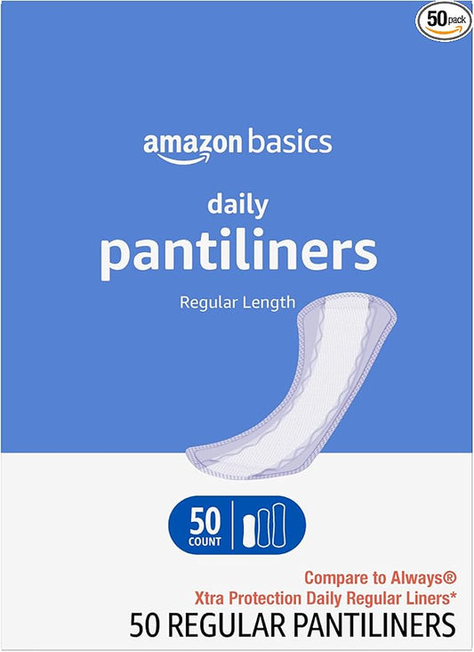 Amazon Basics Daily Pantiliner, Regular Length, Thin Absorbent Feminine Pads for Women, Unscented, 50 Count (Previously Solimo)