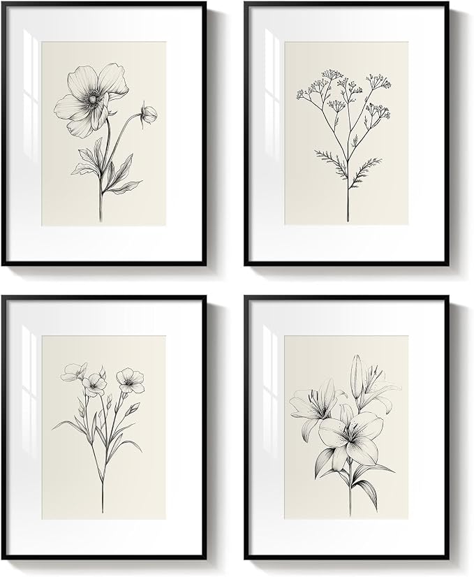 Framed Black and White Floral Wall Art for Bedroom, Vintage Minimalist Botanical Prints Artwork for Walls, Neutral Flower Pictures for Modern Farmhouse Bedroom Living Room Office Wall Decor, 12x16 In