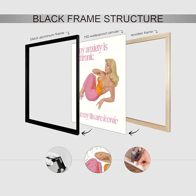 Funky Sexy Women Wall Art Funny Quote Social Anxiety Poster 60s 70s Vintage Housewife Canvas Prints 16X24 inch Black Framed for Apartment Wall Decor