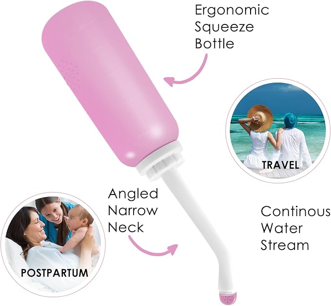 Peri Bottle Postpartum, RUFCRIL 500ml Portable Bidet, Upside Down Perineal Wash Bottle, Boilable TPE, Travel Bag, for Perineal Care, Hemorrhoid Care, Feminine Cleansing & Baby (Pink)