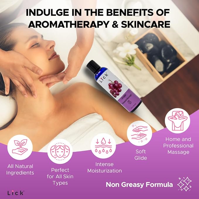 Lick Grape Flavored Massage Oil – Sweet Fruit Edible Massage Oil with Sweet Almond Oil & Vitamin E, Smooth Glide for Relaxing Couples Massage Sessions, 4 oz