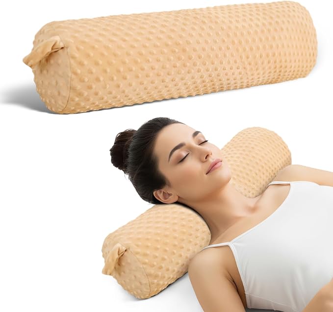 Memory Foam Cylinder Neck Pillow with Plush Removable Cover Cervical Neck Support Pillows for Sleeping 24"x 5.9" Roll Bolster Cushion for Bed Couch Legs and Back,Khaki