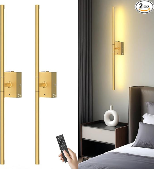 Battery Operated Wall Sconces Set of 2, Wireless Rechargeable Wall Lights | 10000mAh, Remote Control, 4CCT Dimmable, 360° Rotation, Modern Home Decor for Living Room, Bedroom, Picture Lighting, Gold