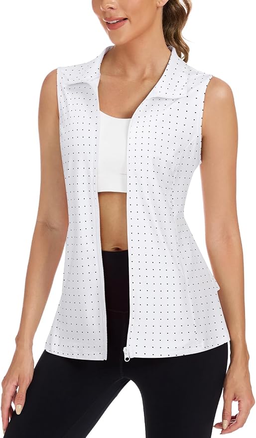Women's Golf Vest with Pleated Tennis Skirt Hem Lightweight Full Zip Sleeveless Athletic Shirts with Pockets