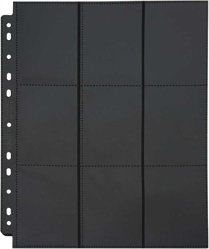 Vault X 9 Pocket Sideloading Pages for 3 Ring Binder (50 Pack) 900 Cards, Double-Sided A4, Storage for Trading Cards (Black)